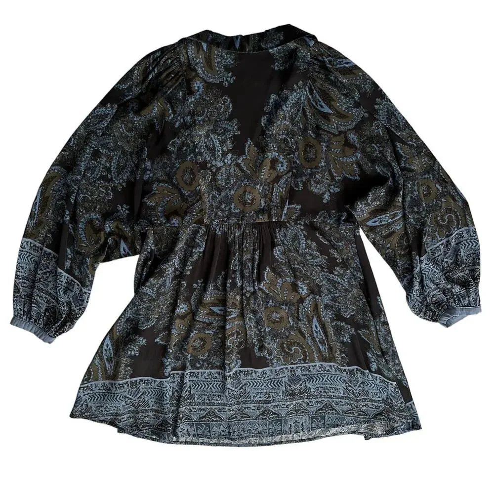 Free People Say‎ You Love Me Blue Paisley Blouse Sleeve Collared Mini Dress S - Picture 3 of 9